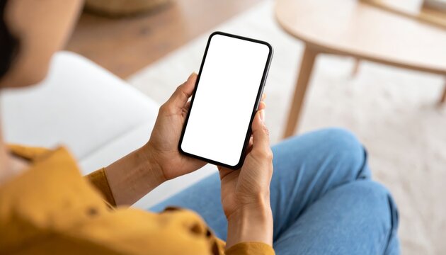 Young woman holding smartphone with blank screen in hand while using mobile device outdoors