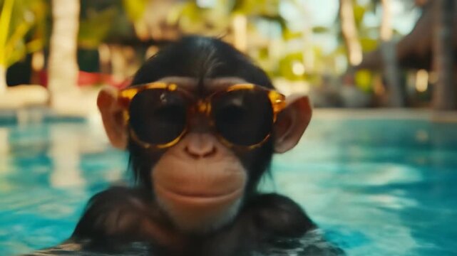 Chimpanzee wearing sunglasses in a swimming pool closeup portrait