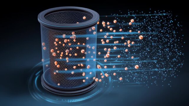 Air filter mechanism and pollution concept, 3D air filter with particles flowing through a mesh design.