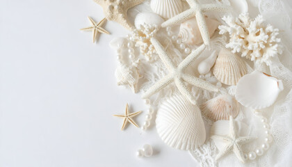 Seashells with starfish, and pearls on lace.
