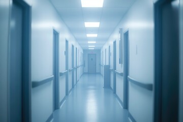 Empty hospital corridor, pale blue tones