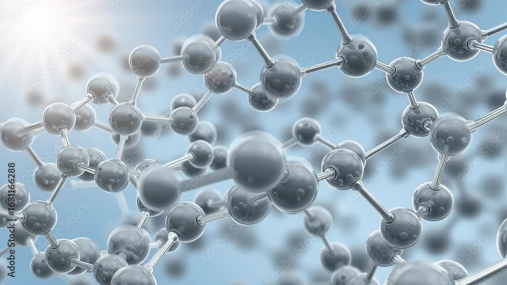 Poster air filter mechanism and pollution concept, molecular structure on a blue background with light rays