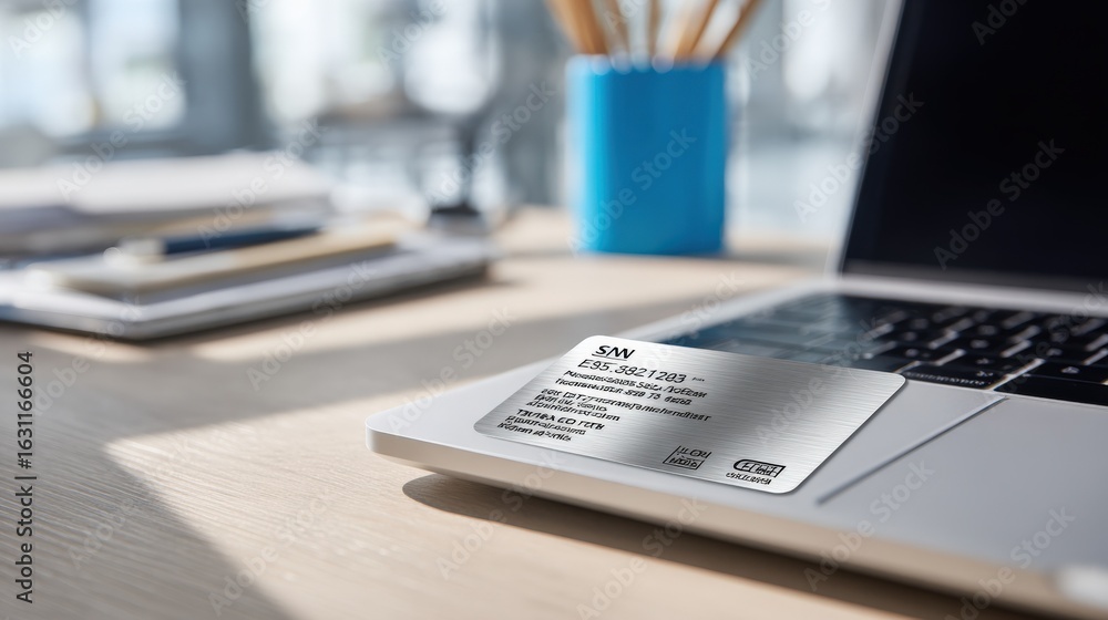 Aufkleber laptop with attached label displaying important information in a modern office setting