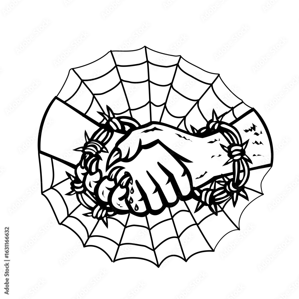 Poster retro style illustration of a man and devil in firm handshake or hand shake with barbed wire or barb