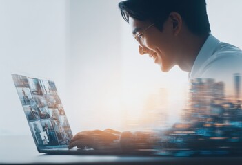 Smiling Asian Businessman Attending Online Meeting on Laptop with Cityscape Overlay, Remote Work Concept