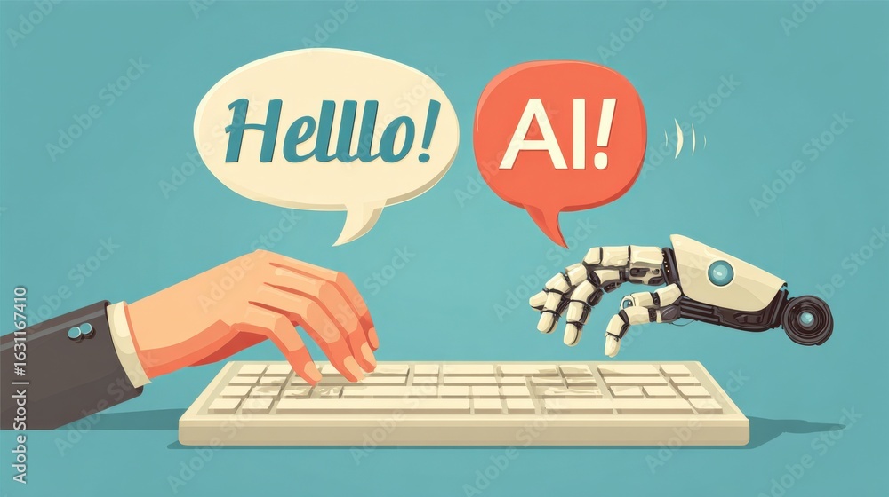 Poster artificial intelligence communication: human typing hello to ai chatbot with robotic hand illustrati