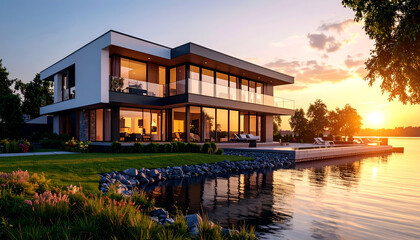 Obraz premium Modern lake house sunset view.