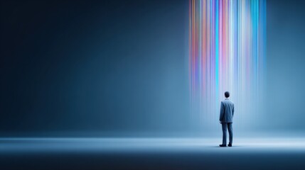 Fototapeta premium Man Contemplating Stream of Light: Abstract Representation of Innovation, Technology and the Future