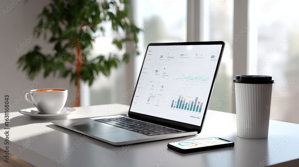 Poster modern workspace with laptop displaying data analytics, coffee, and mobile phone on a clean desk
