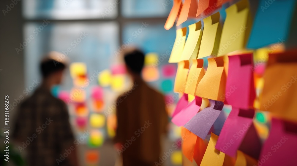 Poster brainstorming session: diverse team collaborating with sticky notes for agile project management and