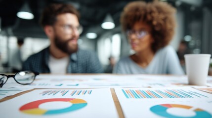 Diverse professionals collaborating on financial reports, analyzing data charts and graphs for business strategy in modern office