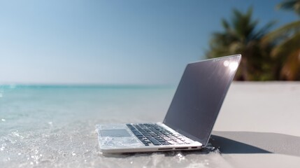 Laptop on a Sunny Beach: Remote Work and Digital Nomad Lifestyle Concept with Ocean View