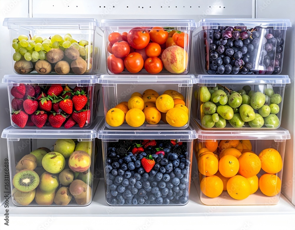Poster organized clear containers filled with assorted fresh fruits and vegetables in a neat display