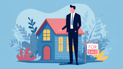 Real estate agent standing near house with for sale sign, offering property with confident gesture in colorful illustration