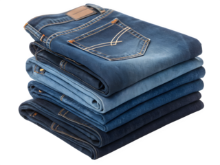 Stack of folded blue denim jeans on a black background