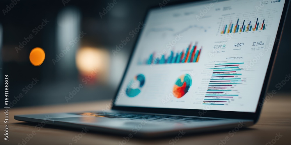 Poster laptop displaying data analytics charts, graphs, and business insights for strategic decision-making