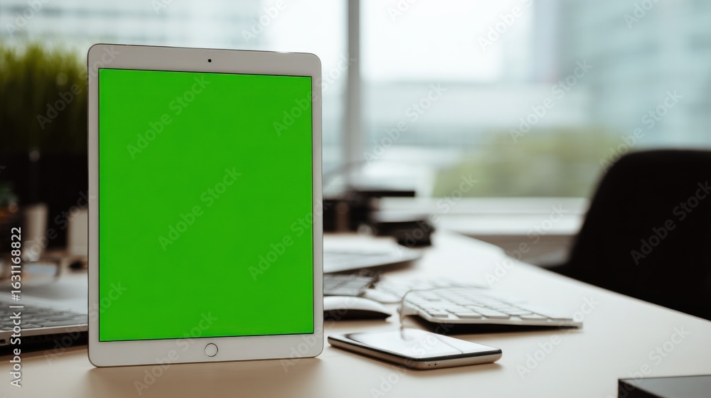 Poster tablet green screen on desk mockup: modern workspace for app and website design