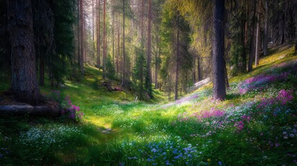 Obraz premium Sunlit forest glade filled with wildflowers.