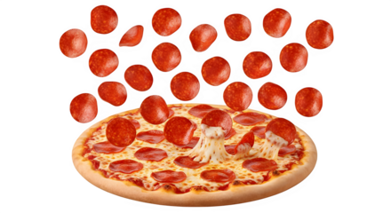 Delicious pepperoni pizza with gooey cheese and falling meat slices creating an irresistible culinary masterpiece perfect for menus