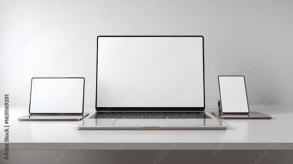 Poster multiple devices showcase mockup: laptop, tablet and phone with blank screens for ui design presenta