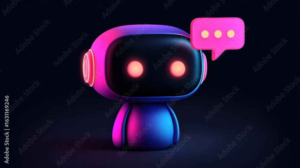Poster cute robot character with speech bubble glowing in neon lights on dark background