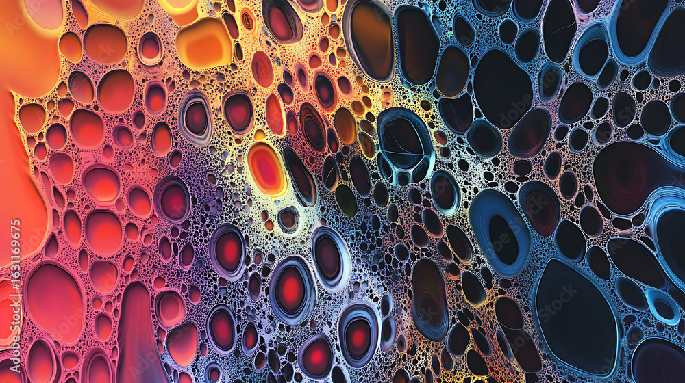 Poster a colorful abstract painting with many small circles and dots. the painting has a lot of different c