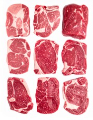 Obraz premium Assortment of Fresh Raw Beef Steak Cuts Arranged on White Background Top View