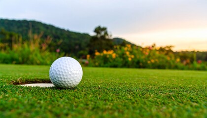 Close-up of a golf ball positioned near the hole on a beautifully maintained green golf course