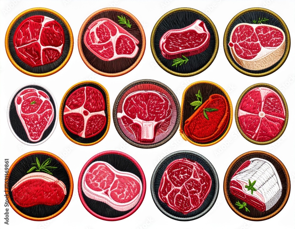 Poster Assorted Raw Beef Steaks in Circular Frames with Black Background and Herb Garnish