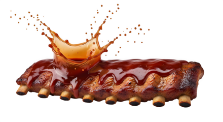 Succulent BBQ ribs drenched in rich, glossy sauce with a dynamic splash creating an irresistible visual feast for food lovers and culinary promotions.