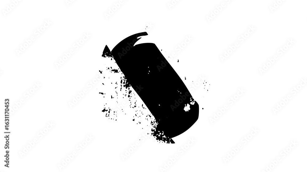 Poster vector abstract black shape resembling a stylized can with scattered particles.