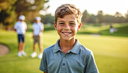 Cheerful young boy smiling at the camera during his exciting golf training session outdoors