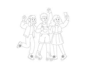 Minimalist line art of cheerful teenagers posing for a selfie, skating, and enjoying music. Perfect for youth lifestyle, friendship, and social content needs.