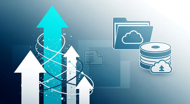 Abstract Cloud Computing Technology with Data Upload Arrows and Storage Icons