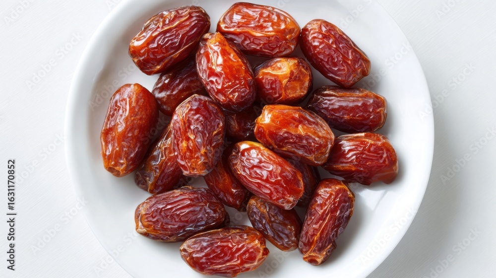 Poster a group of plump, ripe dates is displayed on a white plate. their shiny skin and deep brown color hi
