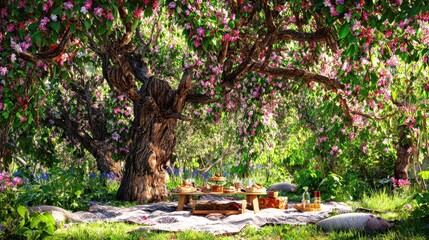 Picnic beneath a blossoming canopy of trees.