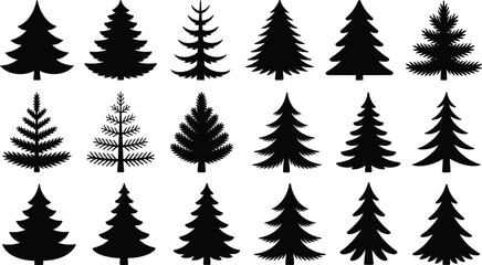 Set of pine tree silhouettes, conifer evergreen vector icons, winter forest fir shapes, black flat vector illustration collection for design