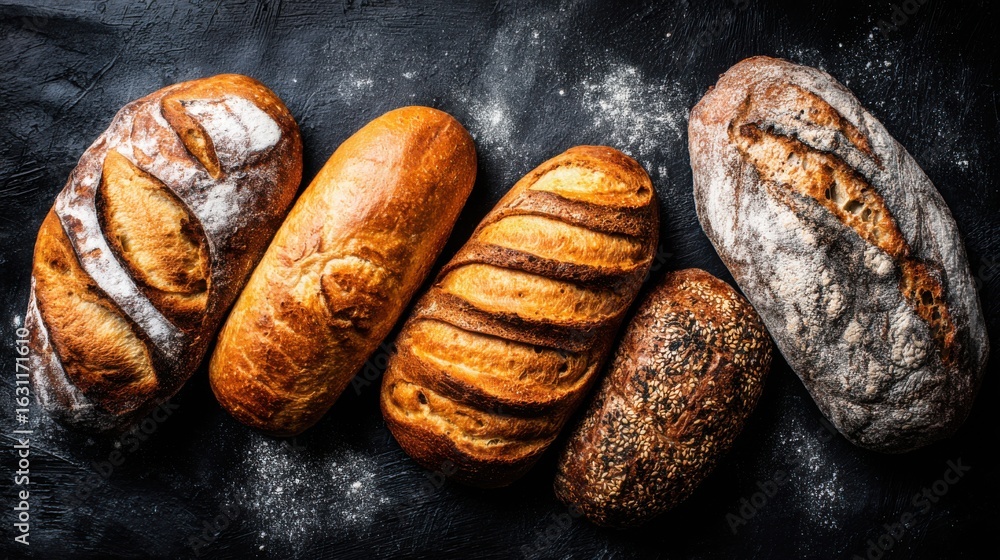Poster various types of freshly baked artisanal bread are arranged neatly on a dark surface sprinkled with 