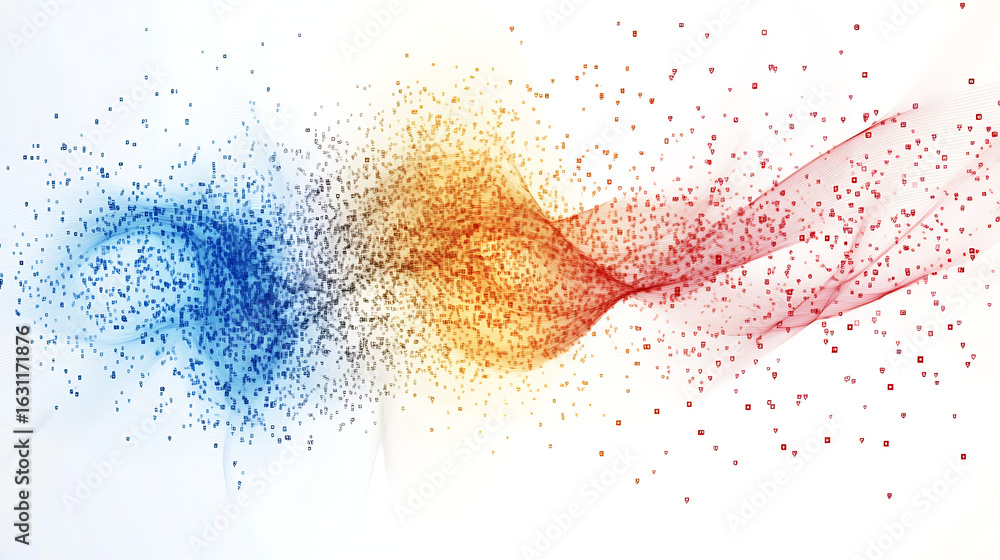 Poster a colorful wave of dots with a blue and red section. the blue section is more spread out than the re
