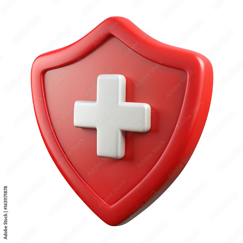 Poster 3d red shield with white cross isolated on transparent background