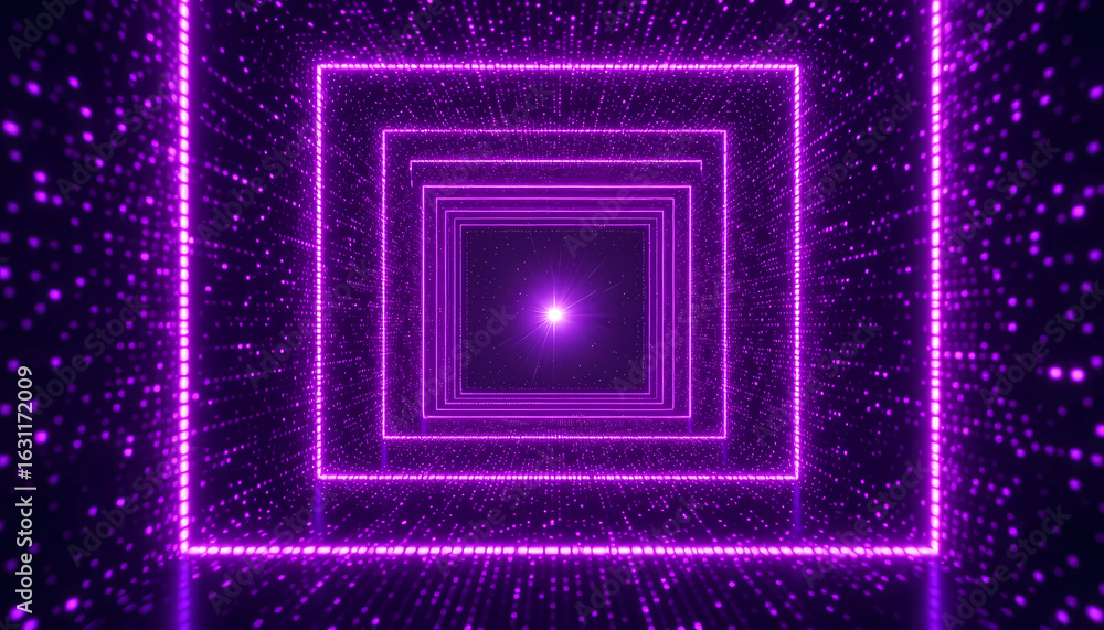 Poster a purple neon tunnel with square frames and a bright light at the end of the tunnel view