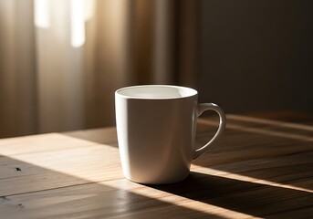 Obraz premium Morning light casting shadows on a simple white mug placed on a wooden table