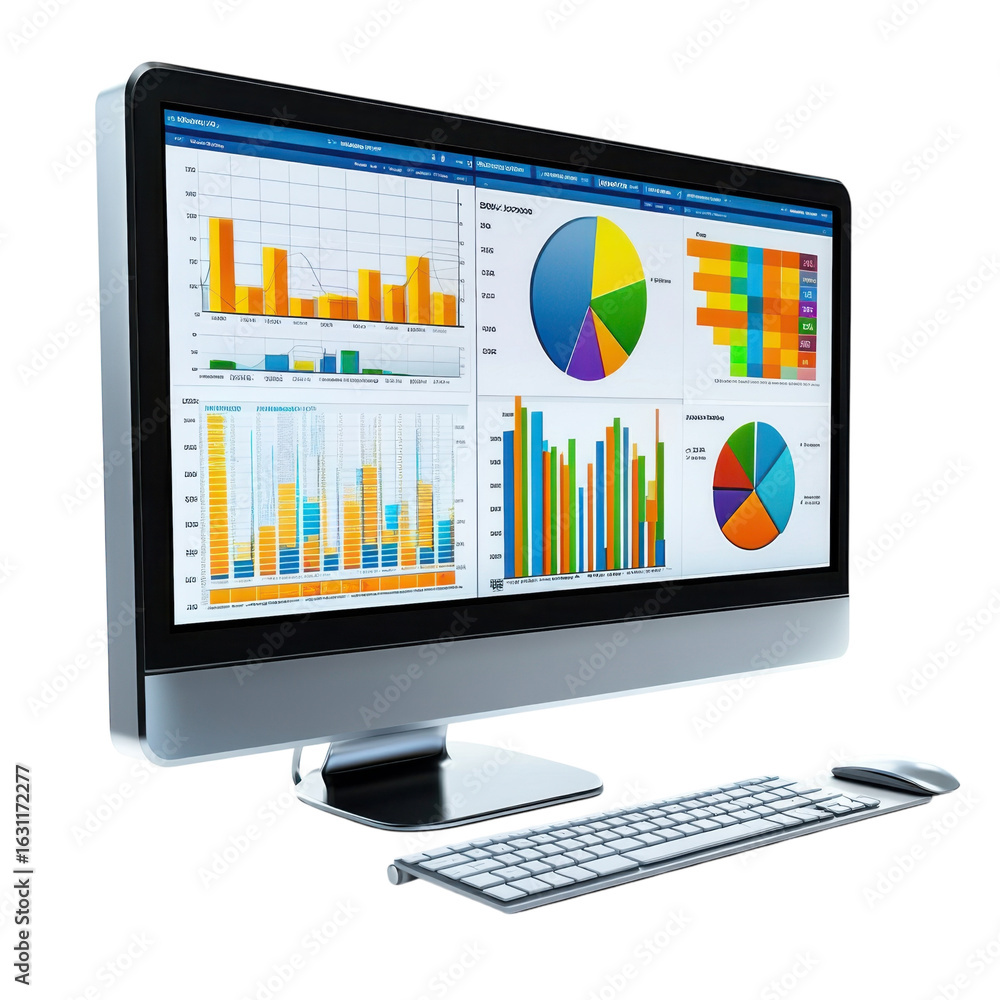 Poster modern computer display with data charts, graphs, and keyboard for business analytics on transparent