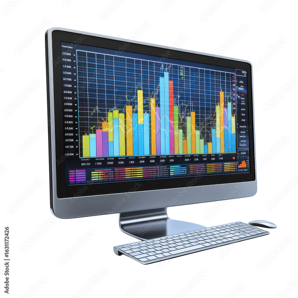 Poster modern computer display with colorful stock market data, keyboard and mouse, for financial analysis 