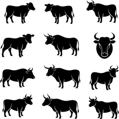 A grid of twelve black cow silhouettes showcases varied poses, horn styles, and angles—ideal for design, education, or creative reference.