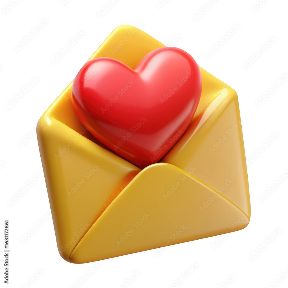Poster 3d yellow envelope with red heart isolated on transparent background