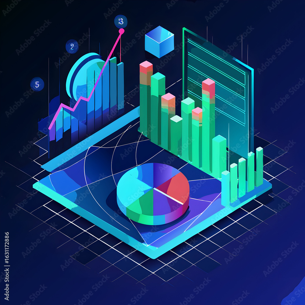 Poster isometric 3d bar and line combo graph with pie chart and digital screen on dark blue background