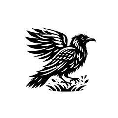 Obraz premium Raven with spread wings isolated on white background, a symbol of mythology