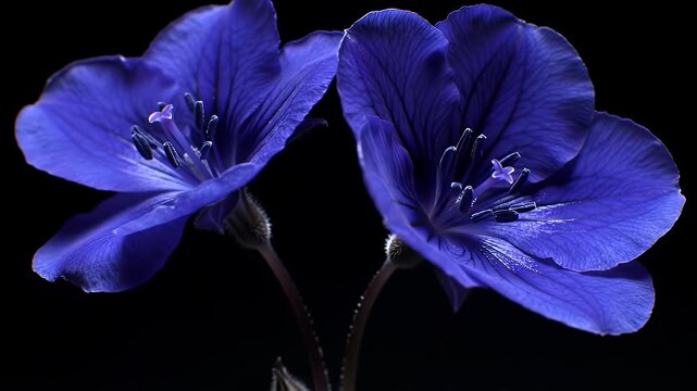 Detailed Macro Shot of Two Purple Geranium Flowers with White Pollen on Black Backdrop