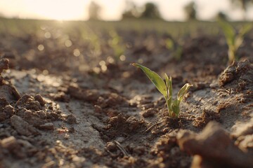 New Plant Growth in Agricultural Field at Sunset Nature Photography Close-Up Perspective